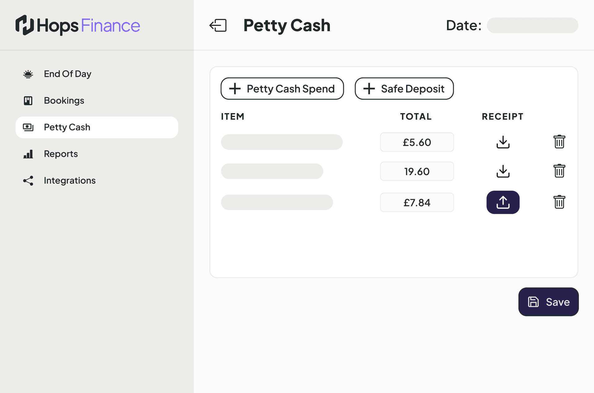 Hops Finance cash control interface