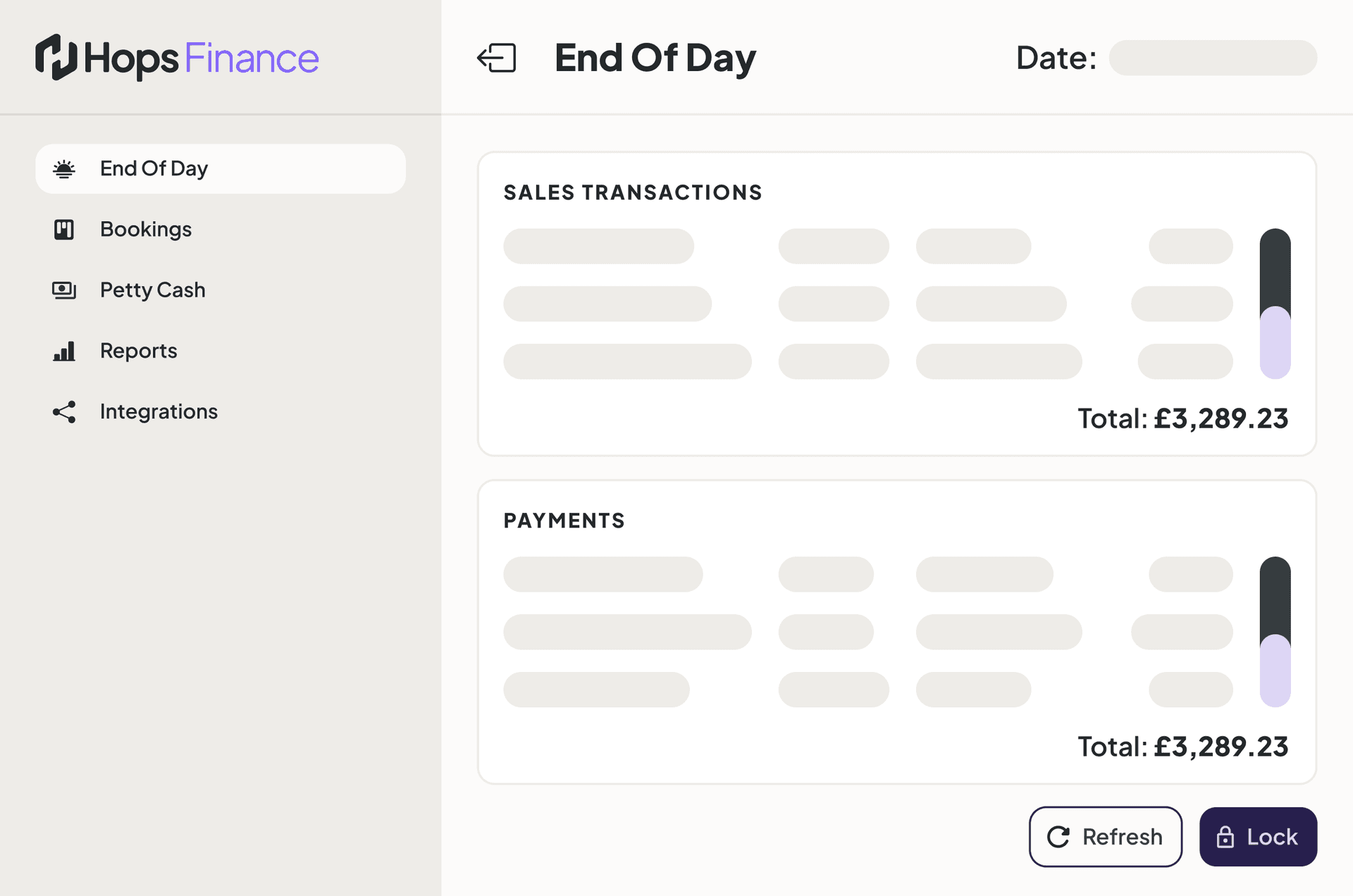 Hops Finance end-of-day cash-up interface