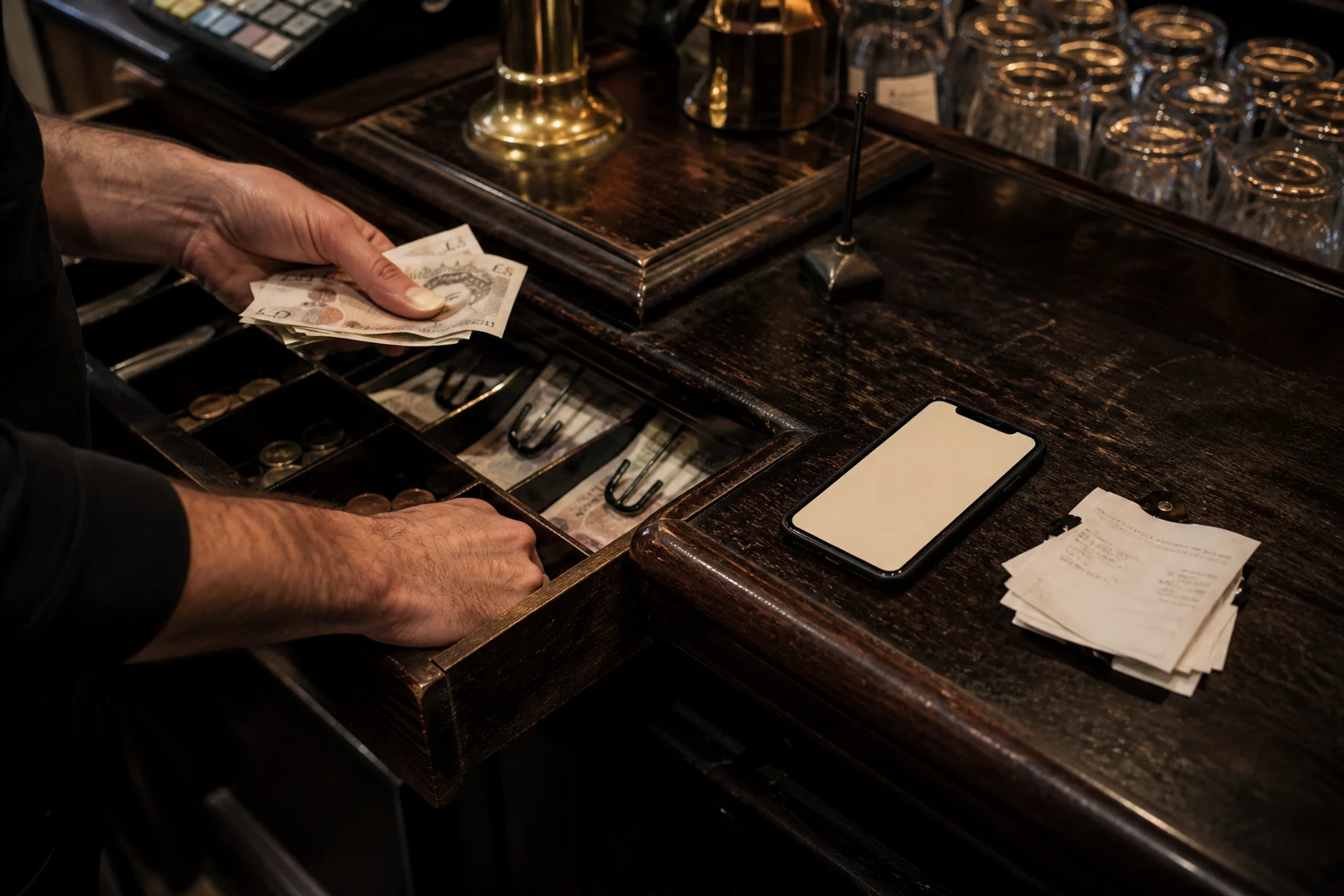 A bar manager counting the till at the close of service